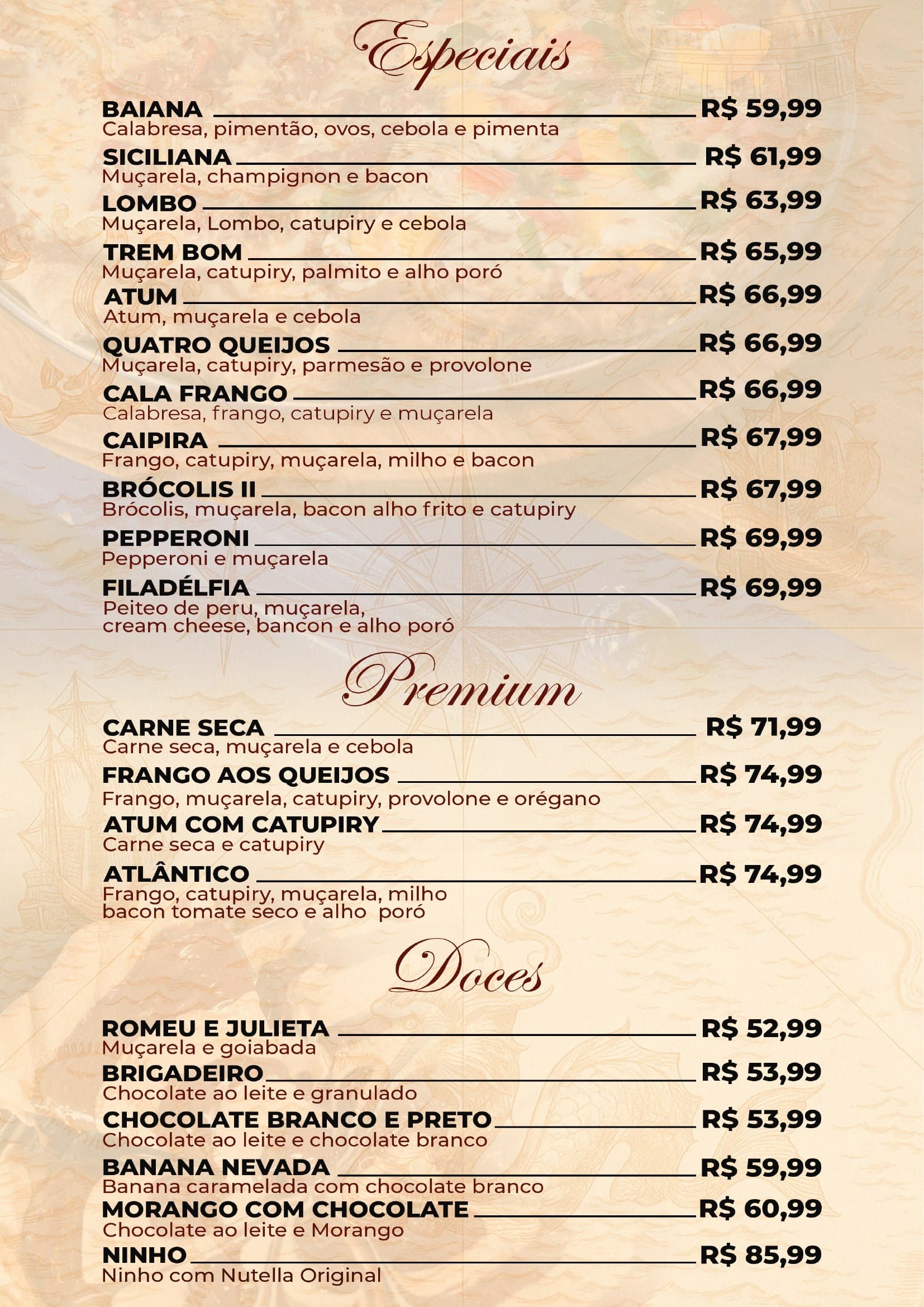 Cardápio Quiosque Navegantes — Pizzas especiais e doces